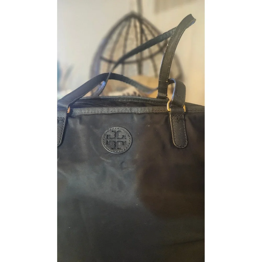 Tory Burch Ella Black Nylon Diaper Bag Tote with Saffiano Leather Trim